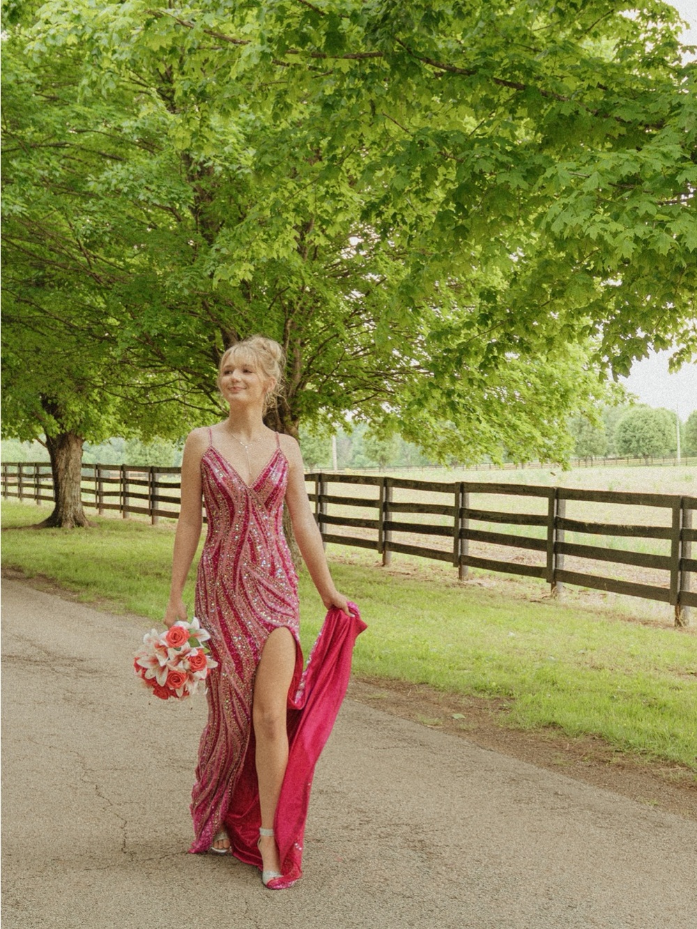 Fuchsia Beaded Prom Gown with Thigh Slit